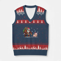 Christmas Cryptid Farm Life Gift V-Neck Knit Sweater Vest Funny Bigfoot Chasing Pig - Wonder Print Shop