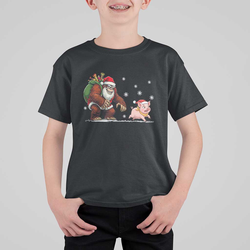 Christmas Cryptid Farm Life Gift T Shirt For Kid Funny Bigfoot Chasing Pig - Wonder Print Shop