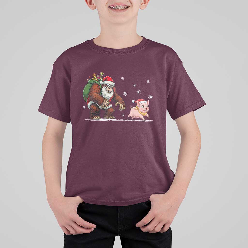 Christmas Cryptid Farm Life Gift T Shirt For Kid Funny Bigfoot Chasing Pig - Wonder Print Shop