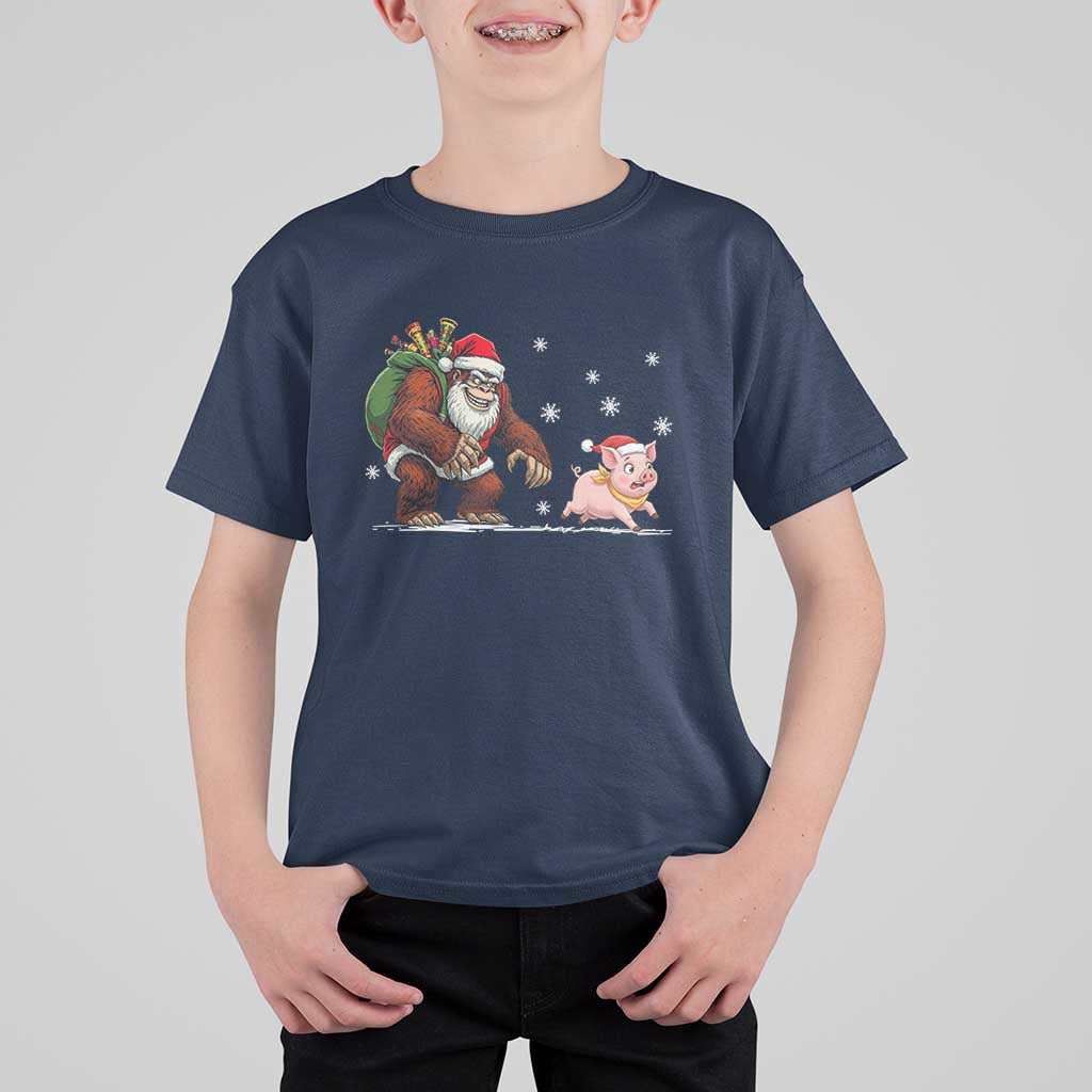 Christmas Cryptid Farm Life Gift T Shirt For Kid Funny Bigfoot Chasing Pig - Wonder Print Shop