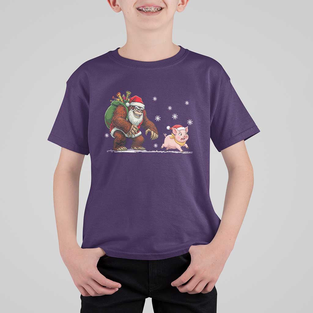 Christmas Cryptid Farm Life Gift T Shirt For Kid Funny Bigfoot Chasing Pig - Wonder Print Shop