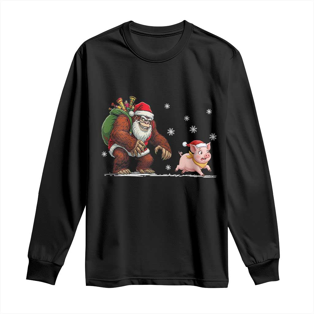 Christmas Cryptid Farm Life Gift Long Sleeve Shirt Funny Bigfoot Chasing Pig - Wonder Print Shop