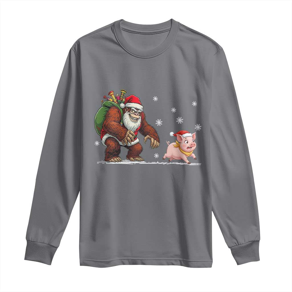 Christmas Cryptid Farm Life Gift Long Sleeve Shirt Funny Bigfoot Chasing Pig - Wonder Print Shop