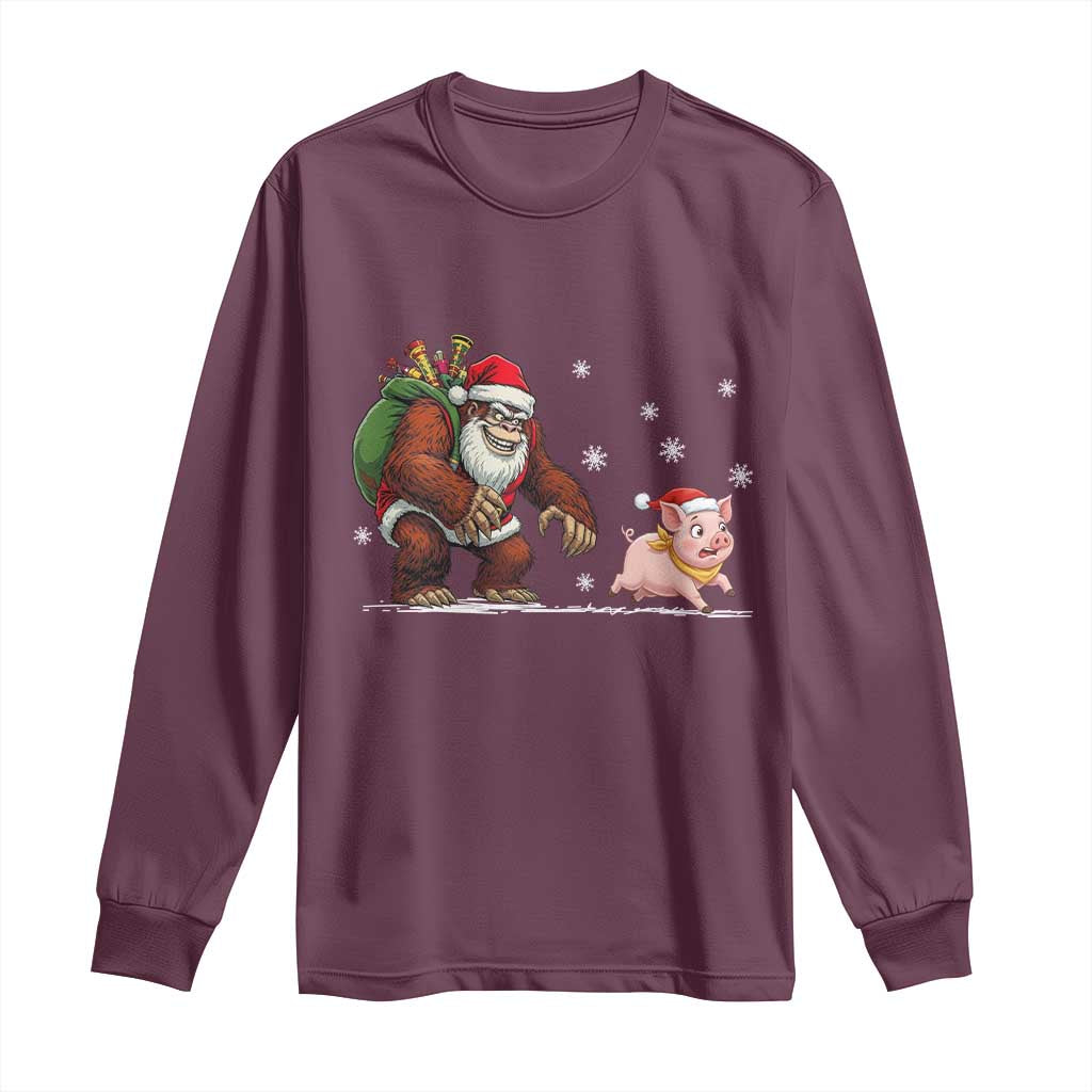Christmas Cryptid Farm Life Gift Long Sleeve Shirt Funny Bigfoot Chasing Pig - Wonder Print Shop