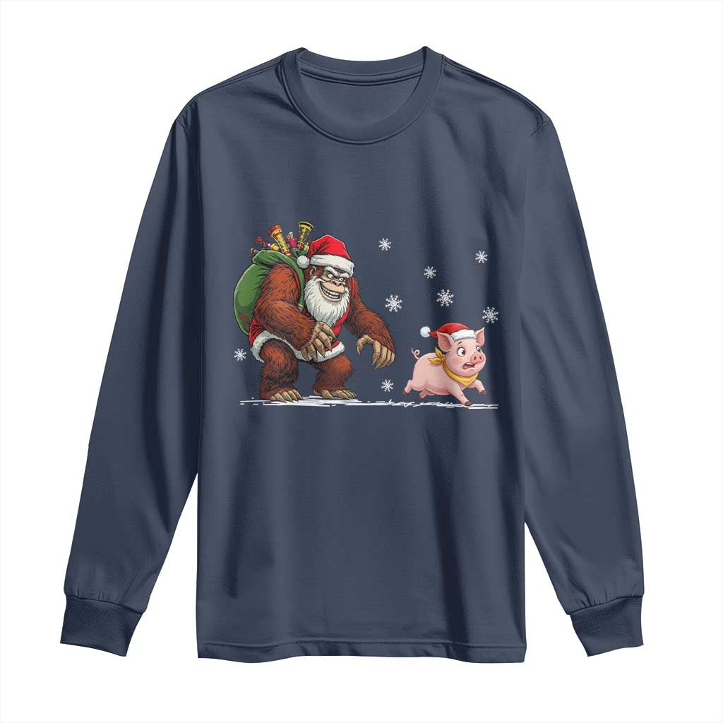 Christmas Cryptid Farm Life Gift Long Sleeve Shirt Funny Bigfoot Chasing Pig - Wonder Print Shop