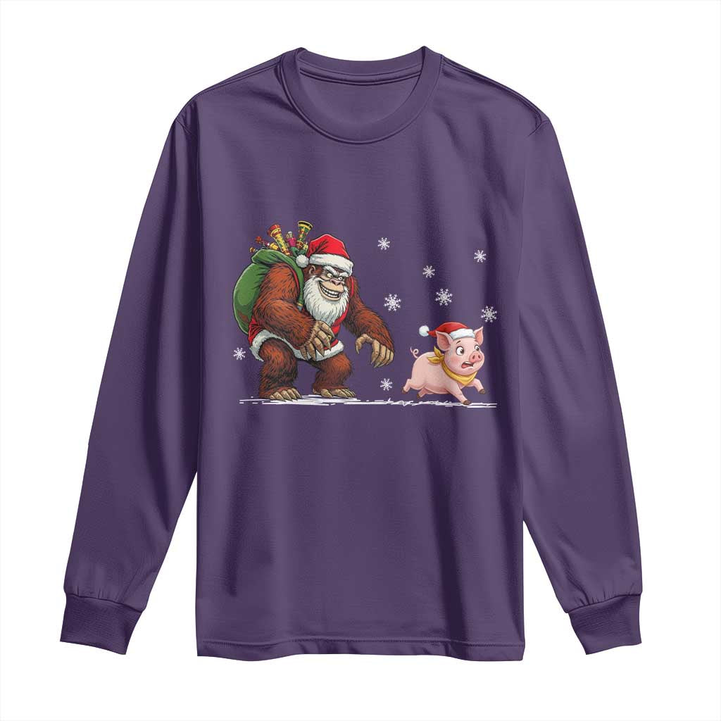Christmas Cryptid Farm Life Gift Long Sleeve Shirt Funny Bigfoot Chasing Pig - Wonder Print Shop