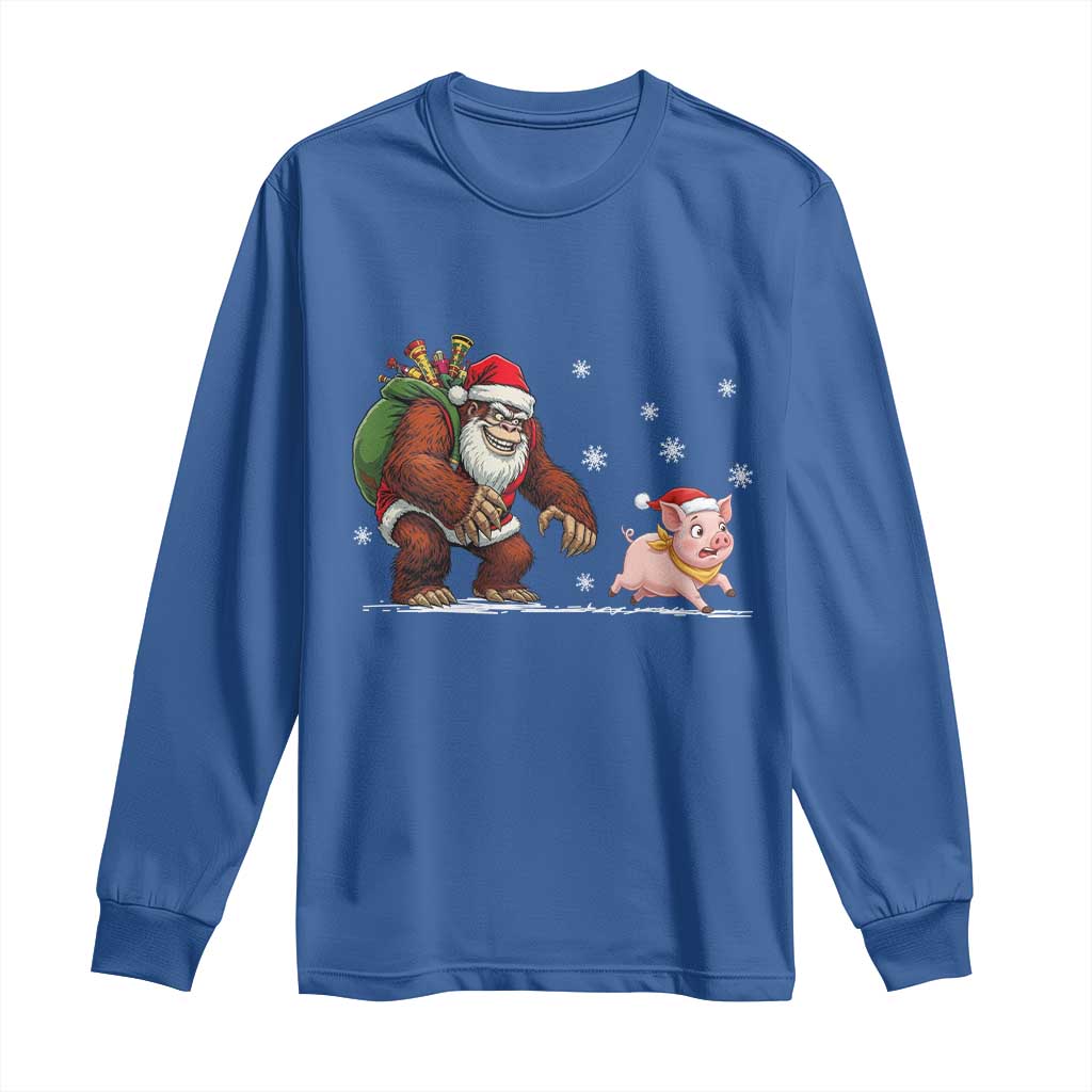 Christmas Cryptid Farm Life Gift Long Sleeve Shirt Funny Bigfoot Chasing Pig - Wonder Print Shop