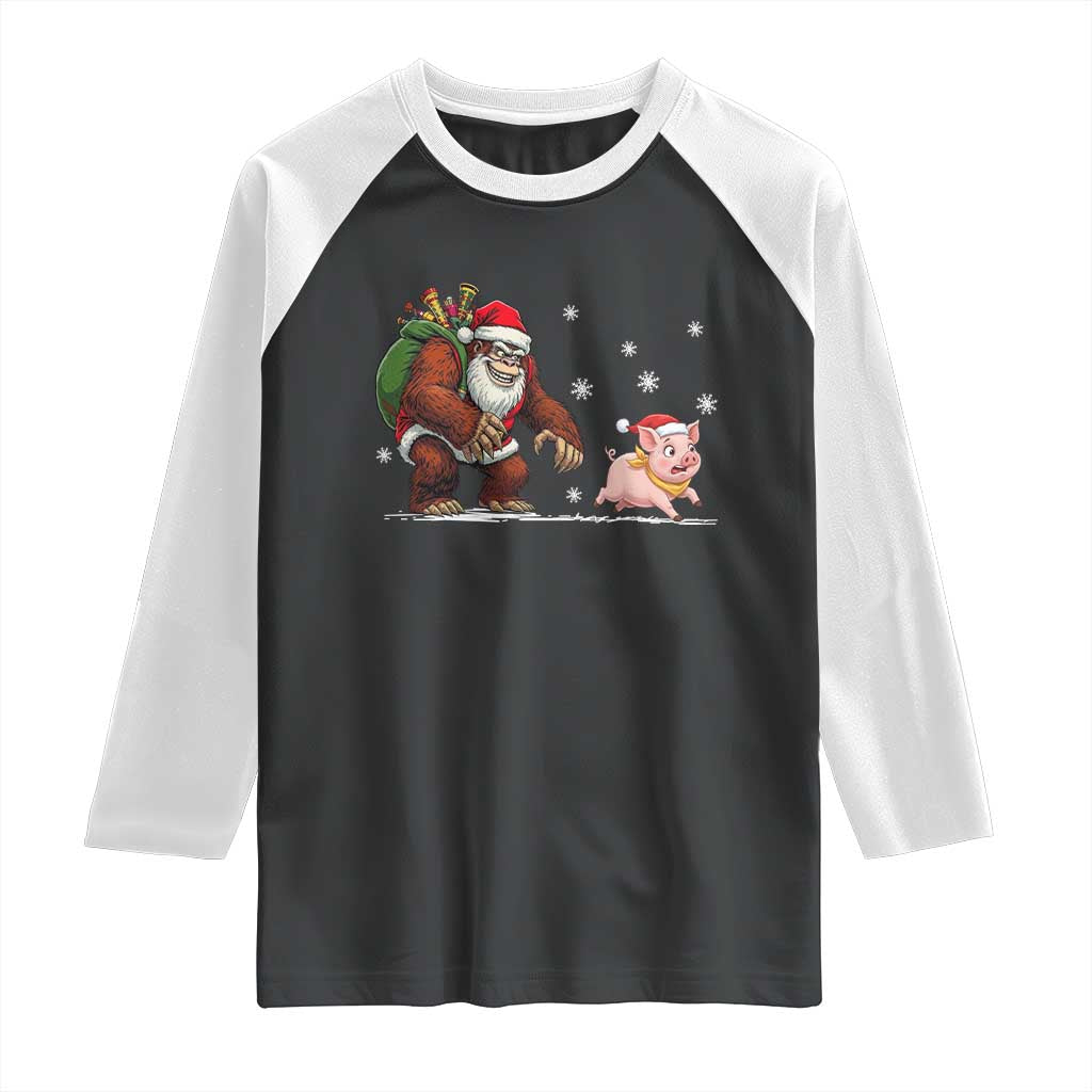 Christmas Cryptid Farm Life Gift Raglan Shirt Funny Bigfoot Chasing Pig - Wonder Print Shop
