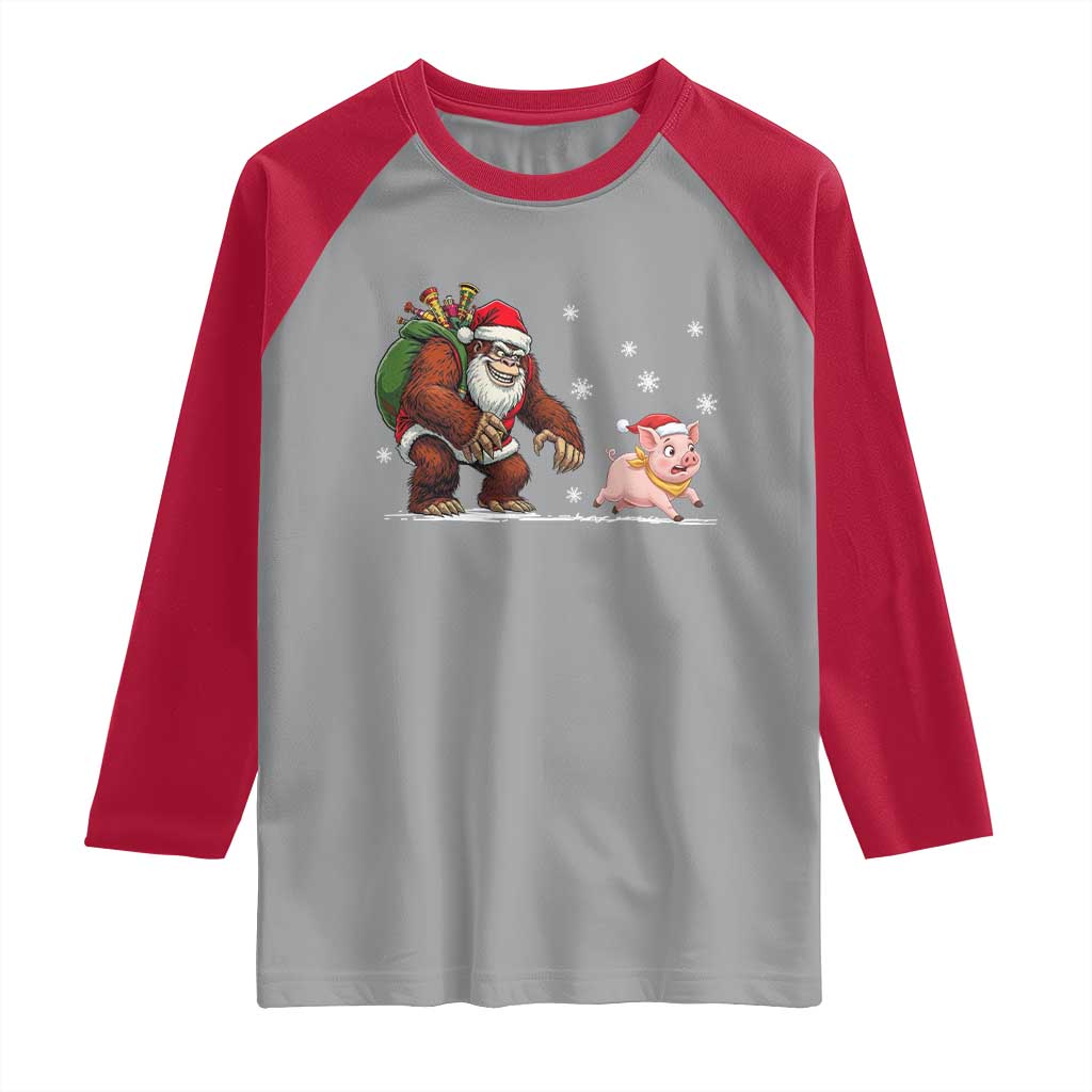 Christmas Cryptid Farm Life Gift Raglan Shirt Funny Bigfoot Chasing Pig - Wonder Print Shop