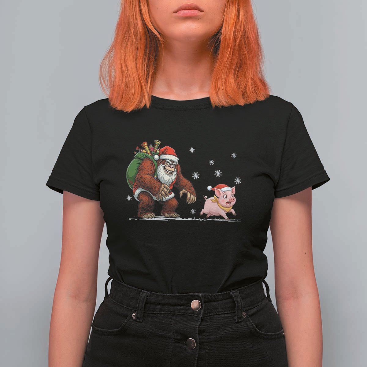 Christmas Cryptid Farm Life Gift T Shirt For Women Funny Bigfoot Chasing Pig - Wonder Print Shop