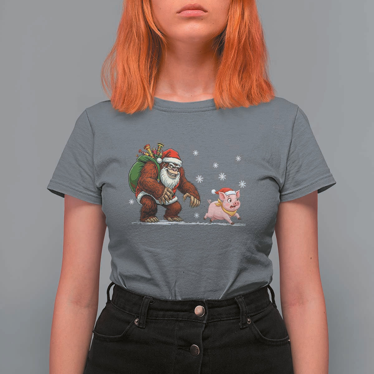 Christmas Cryptid Farm Life Gift T Shirt For Women Funny Bigfoot Chasing Pig - Wonder Print Shop