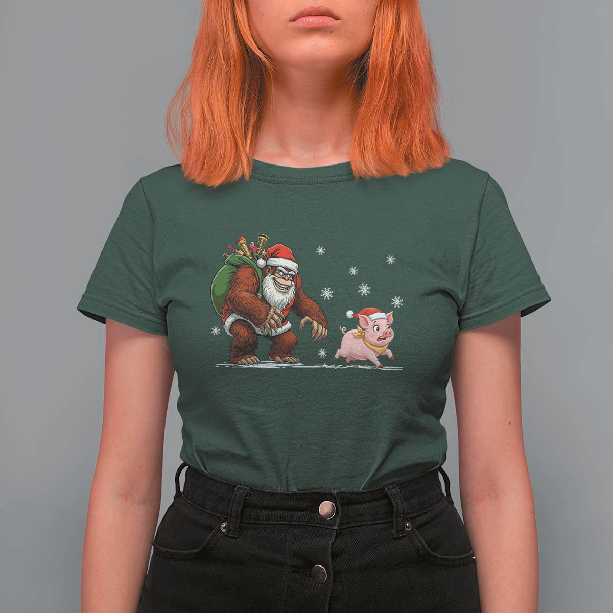 Christmas Cryptid Farm Life Gift T Shirt For Women Funny Bigfoot Chasing Pig - Wonder Print Shop
