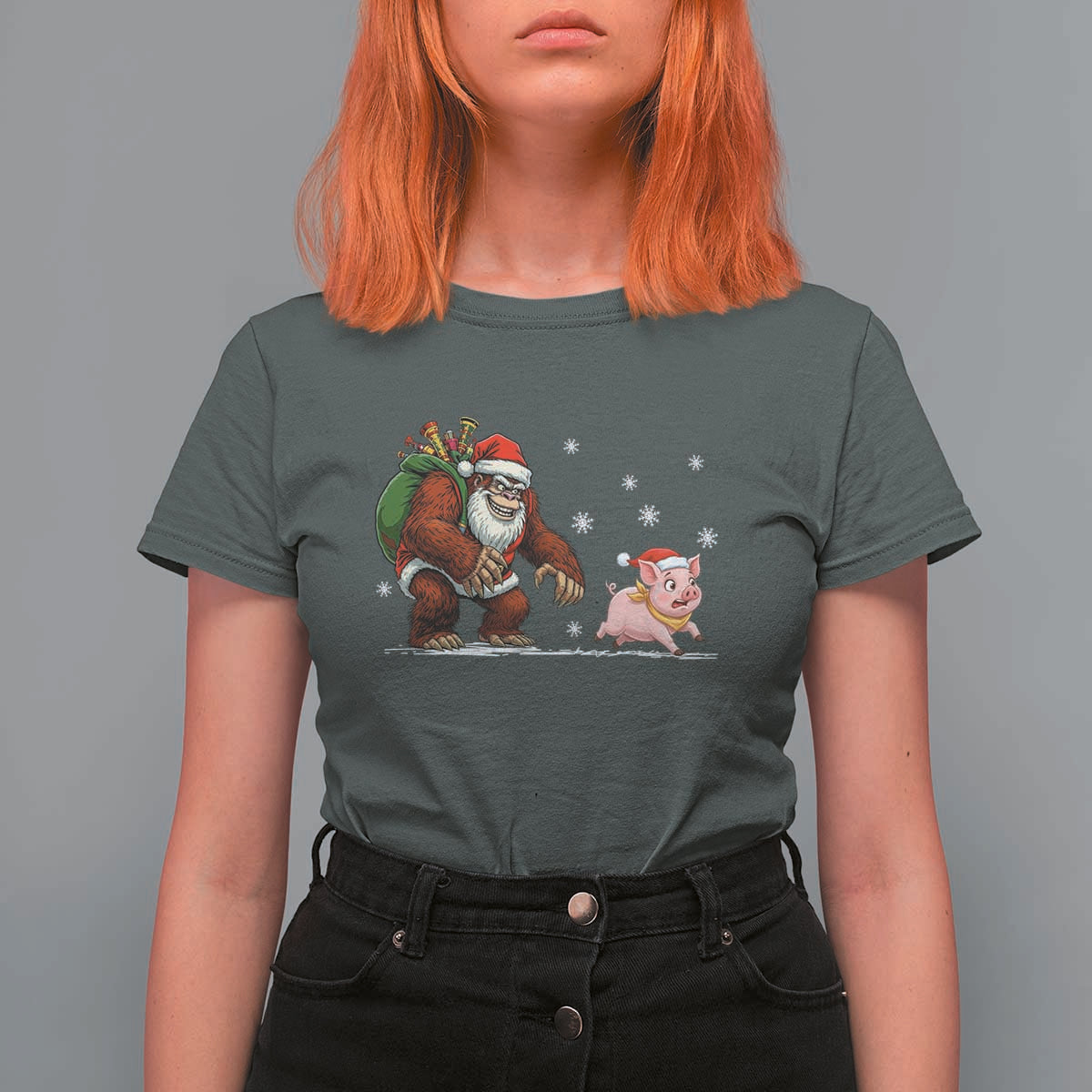 Christmas Cryptid Farm Life Gift T Shirt For Women Funny Bigfoot Chasing Pig - Wonder Print Shop
