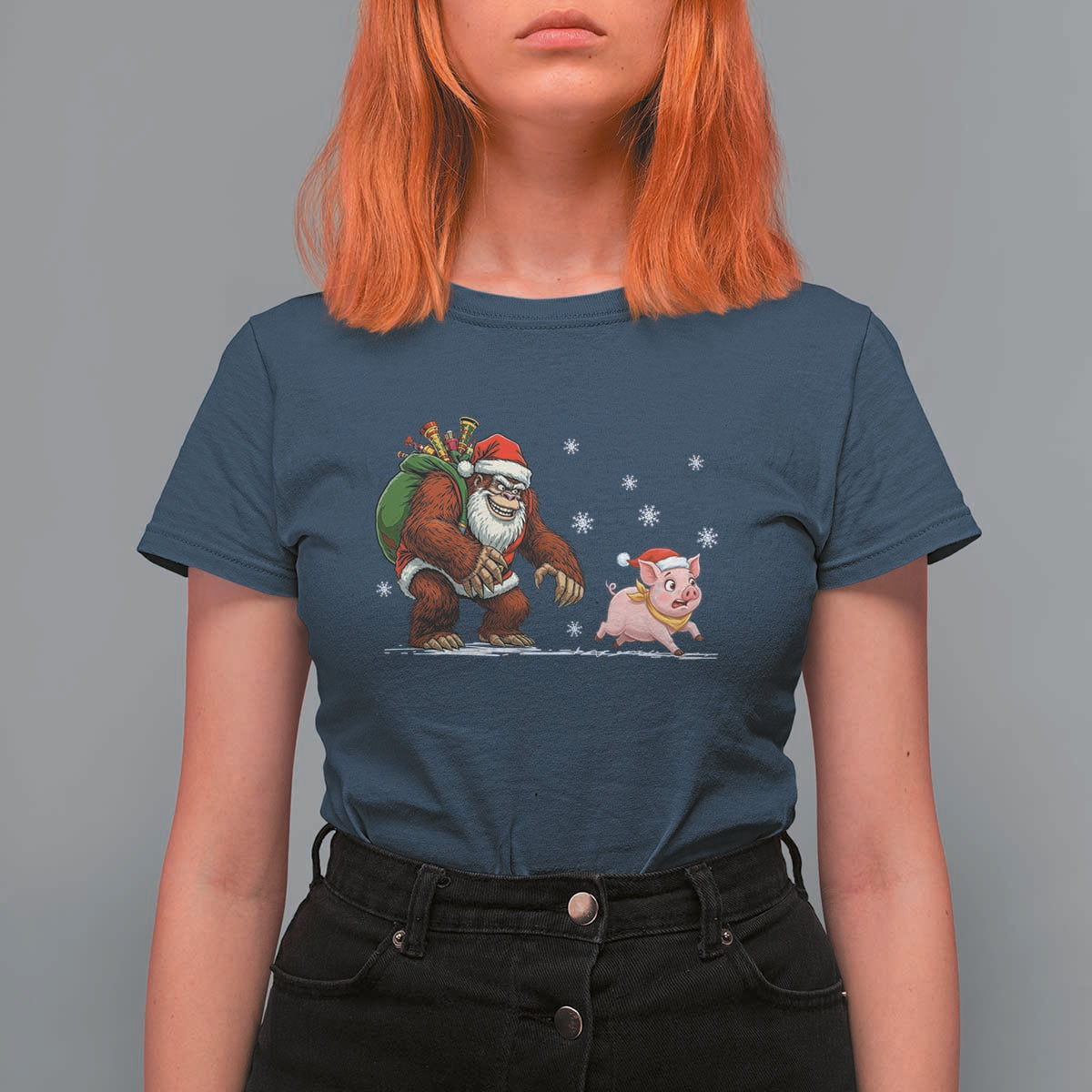 Christmas Cryptid Farm Life Gift T Shirt For Women Funny Bigfoot Chasing Pig - Wonder Print Shop