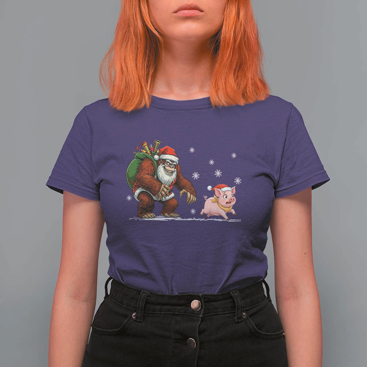 Christmas Cryptid Farm Life Gift T Shirt For Women Funny Bigfoot Chasing Pig - Wonder Print Shop