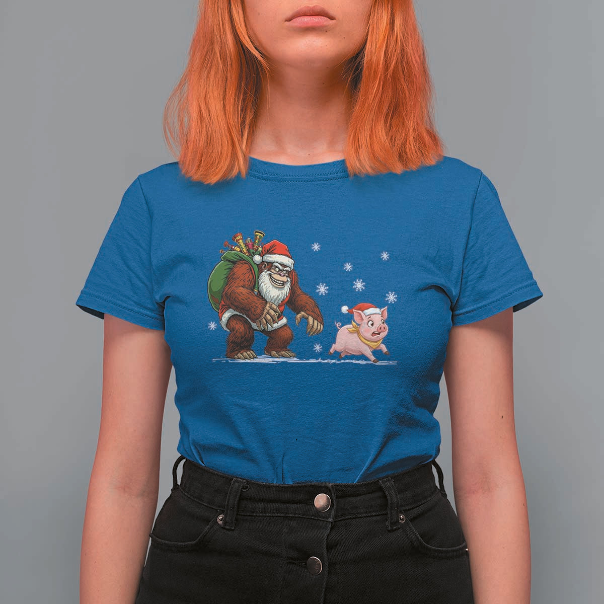 Christmas Cryptid Farm Life Gift T Shirt For Women Funny Bigfoot Chasing Pig - Wonder Print Shop