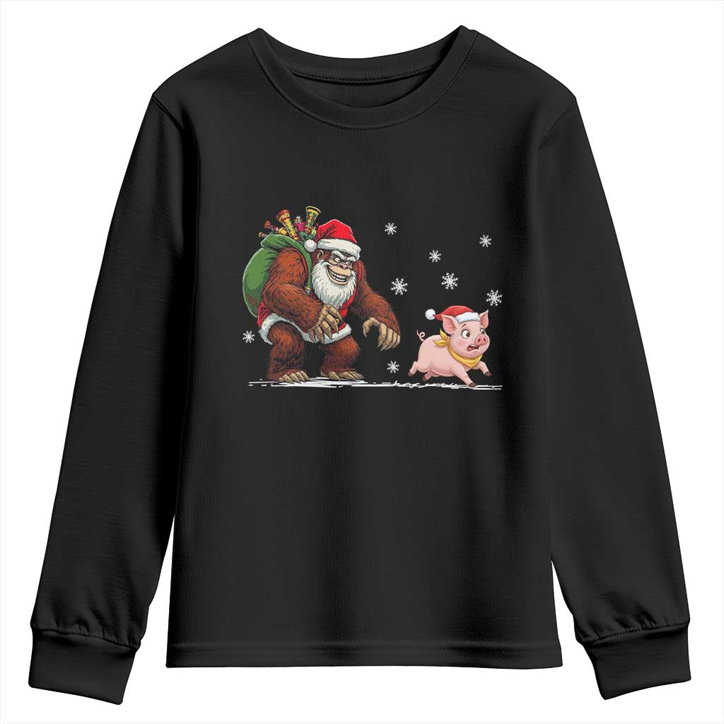Christmas Cryptid Farm Life Gift Youth Sweatshirt Funny Bigfoot Chasing Pig - Wonder Print Shop