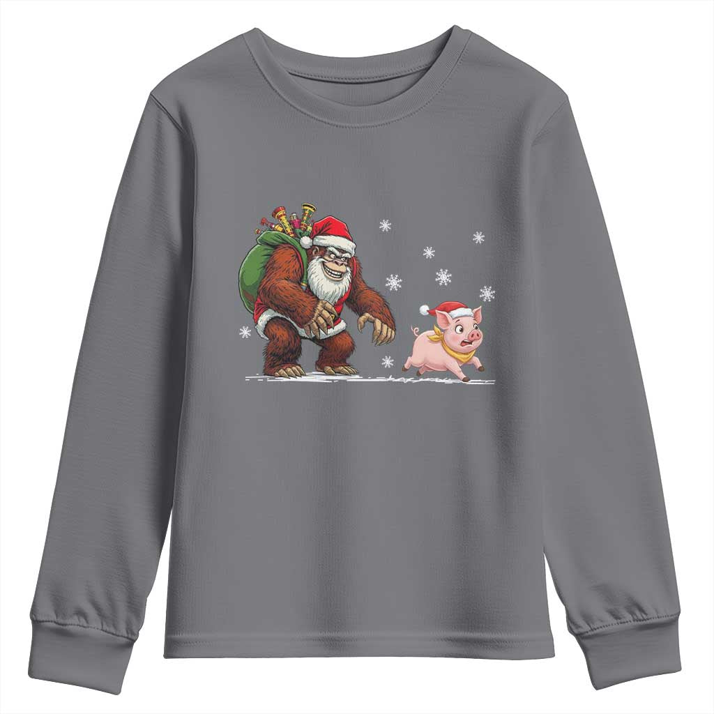 Christmas Cryptid Farm Life Gift Youth Sweatshirt Funny Bigfoot Chasing Pig - Wonder Print Shop