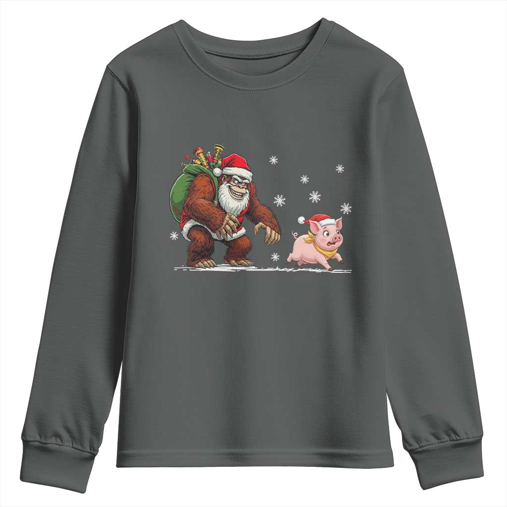 Christmas Cryptid Farm Life Gift Youth Sweatshirt Funny Bigfoot Chasing Pig - Wonder Print Shop