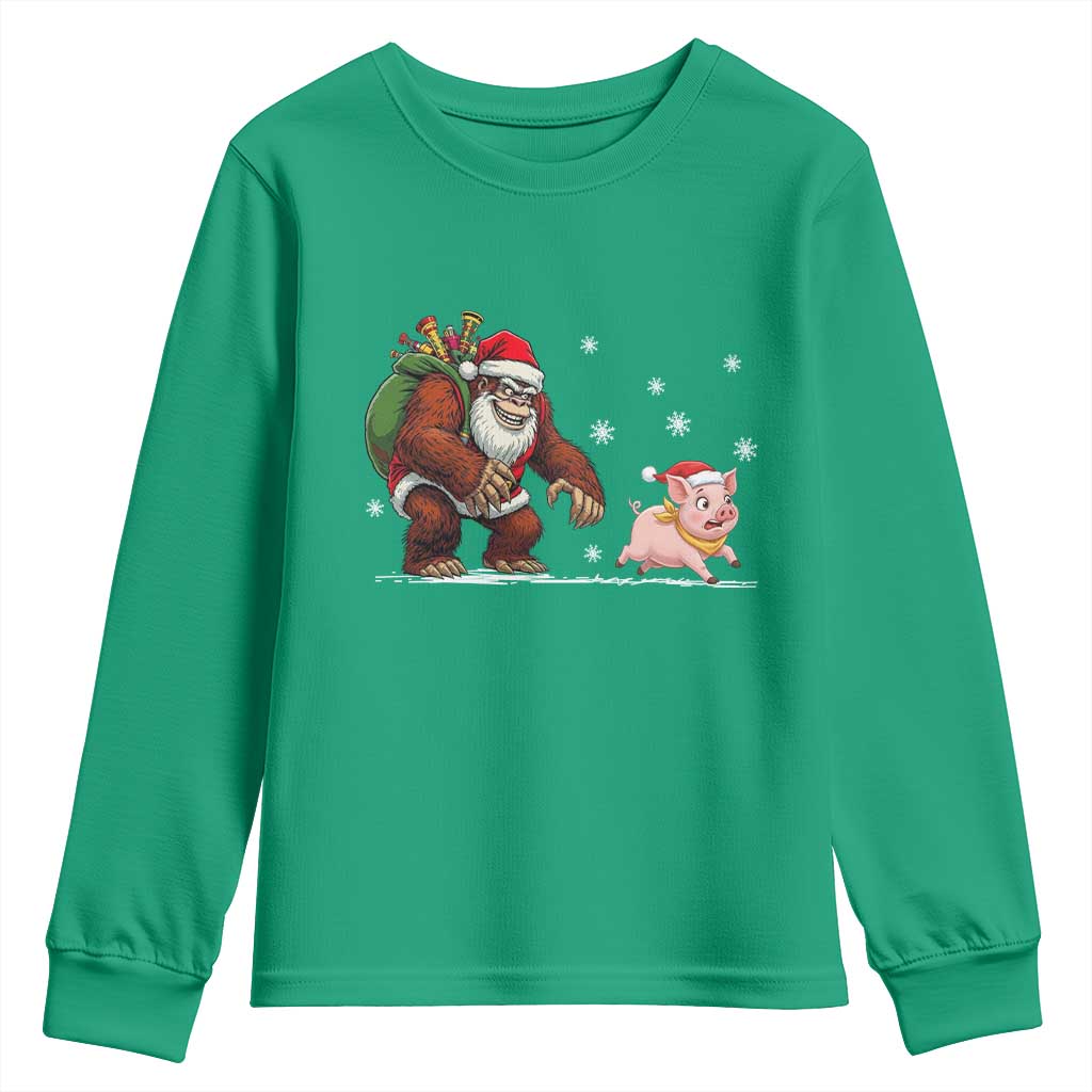 Christmas Cryptid Farm Life Gift Youth Sweatshirt Funny Bigfoot Chasing Pig - Wonder Print Shop