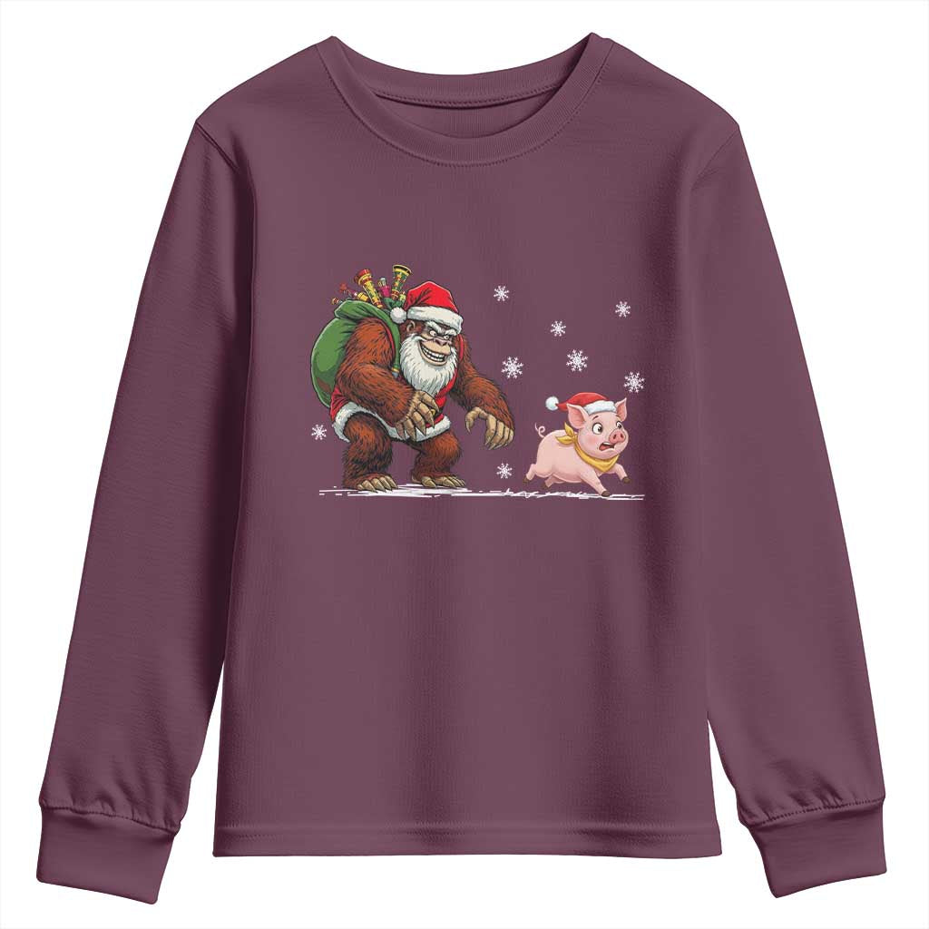 Christmas Cryptid Farm Life Gift Youth Sweatshirt Funny Bigfoot Chasing Pig - Wonder Print Shop