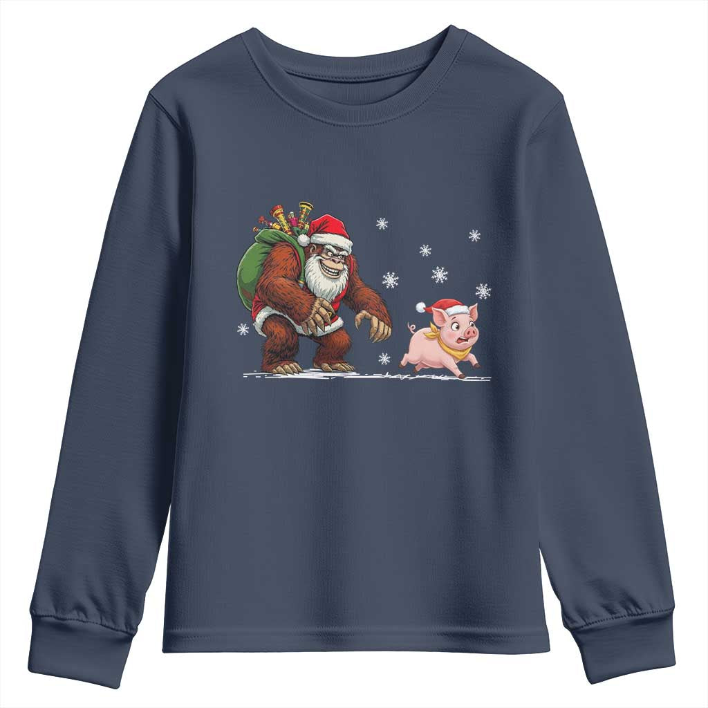 Christmas Cryptid Farm Life Gift Youth Sweatshirt Funny Bigfoot Chasing Pig - Wonder Print Shop
