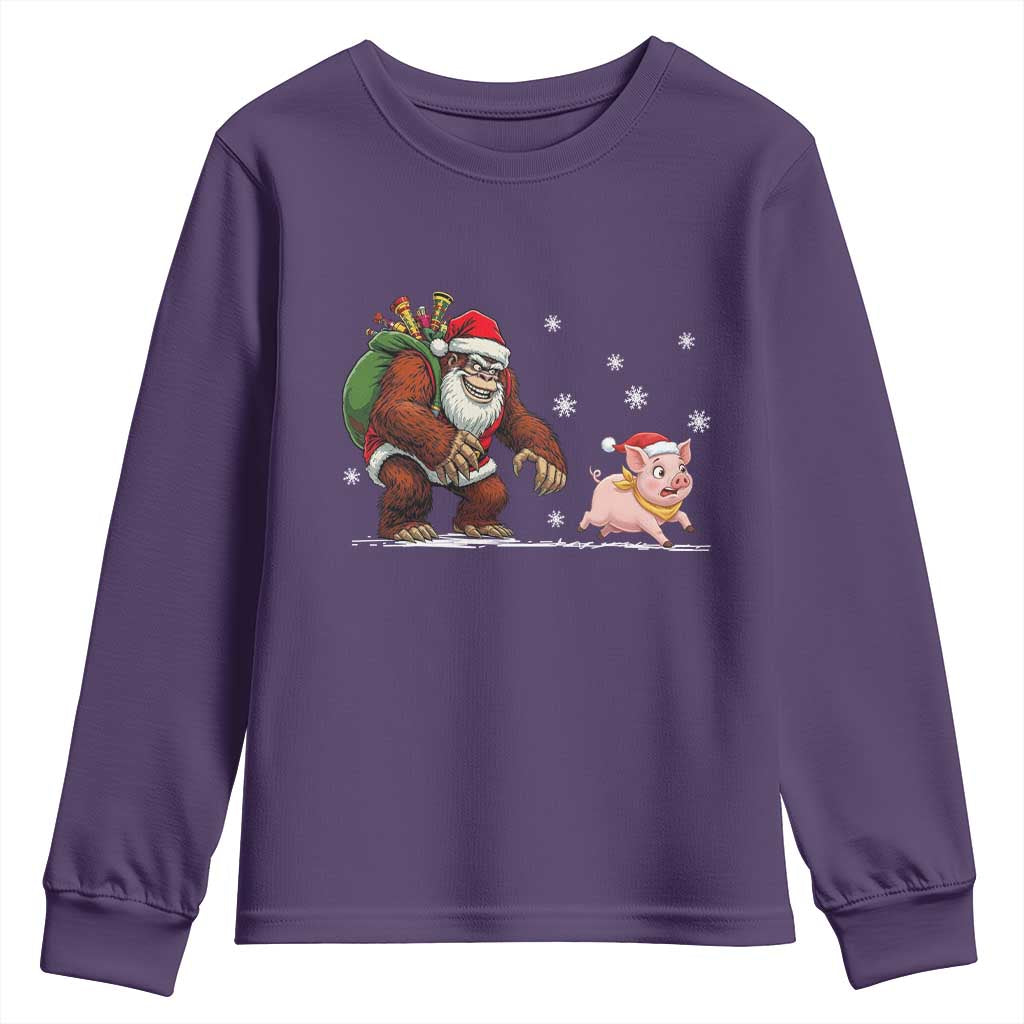 Christmas Cryptid Farm Life Gift Youth Sweatshirt Funny Bigfoot Chasing Pig - Wonder Print Shop
