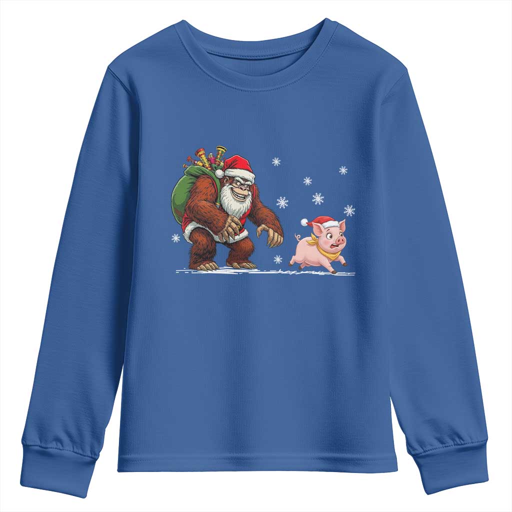 Christmas Cryptid Farm Life Gift Youth Sweatshirt Funny Bigfoot Chasing Pig - Wonder Print Shop