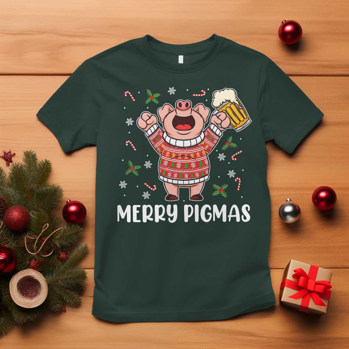 Christmas Pig Drinking Beer T Shirt Funny Merry Pigmas Gift - Wonder Print Shop