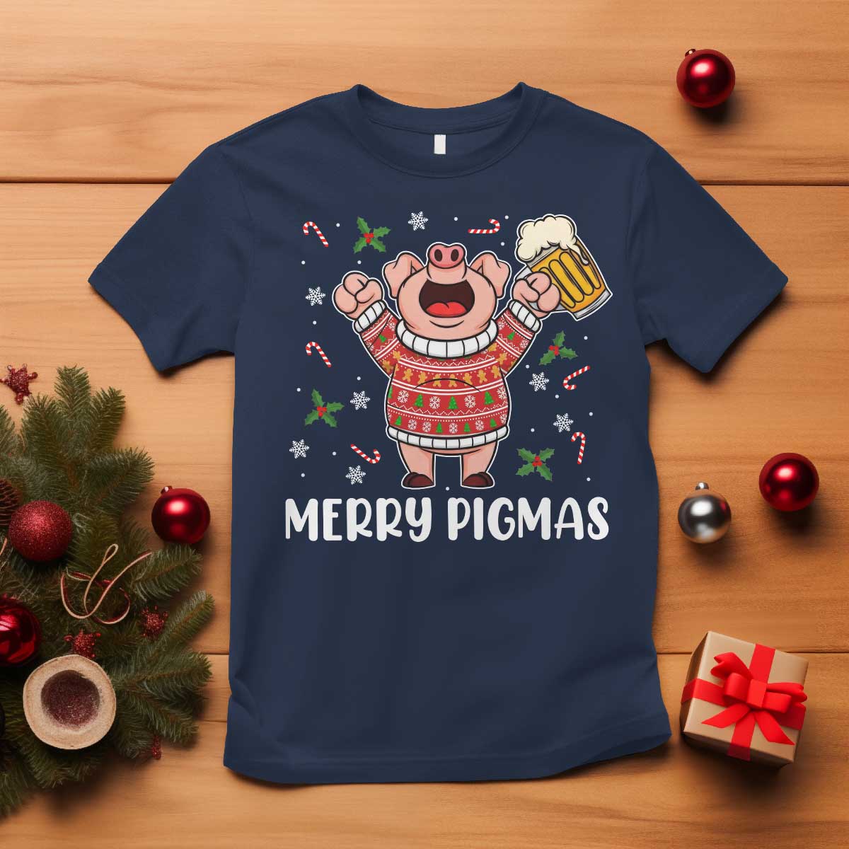 Christmas Pig Drinking Beer T Shirt Funny Merry Pigmas Gift - Wonder Print Shop
