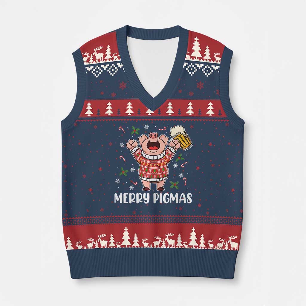 Christmas Pig Drinking Beer V-Neck Knit Sweater Vest Funny Merry Pigmas Gift - Wonder Print Shop