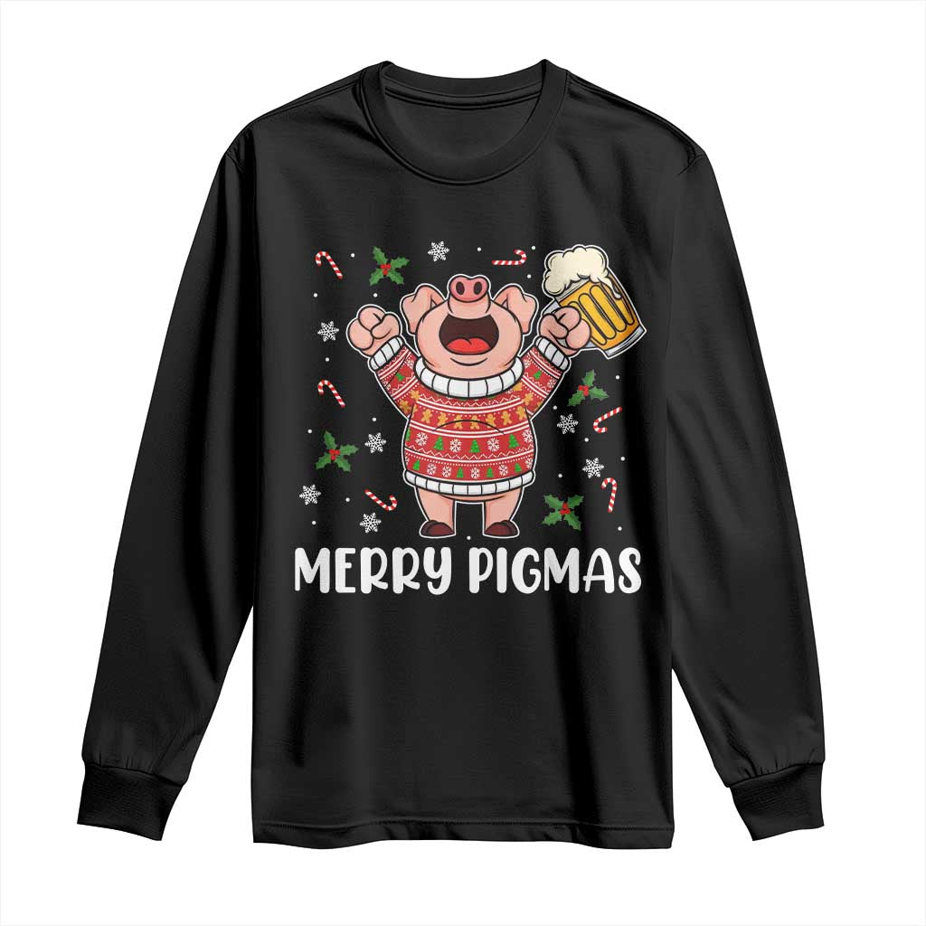 Christmas Pig Drinking Beer Long Sleeve Shirt Funny Merry Pigmas Gift - Wonder Print Shop