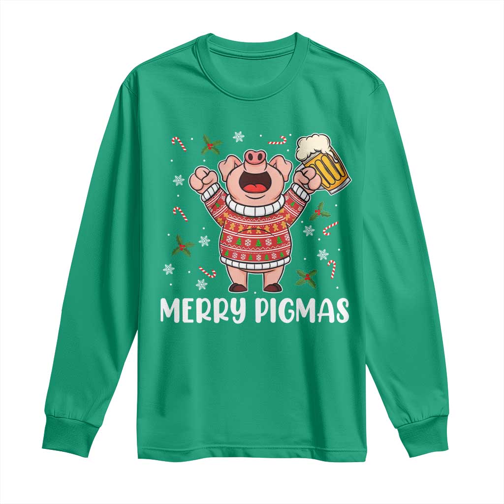 Christmas Pig Drinking Beer Long Sleeve Shirt Funny Merry Pigmas Gift - Wonder Print Shop