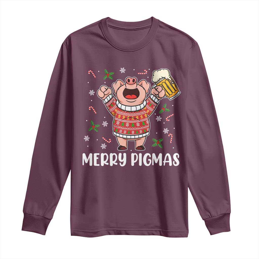 Christmas Pig Drinking Beer Long Sleeve Shirt Funny Merry Pigmas Gift - Wonder Print Shop