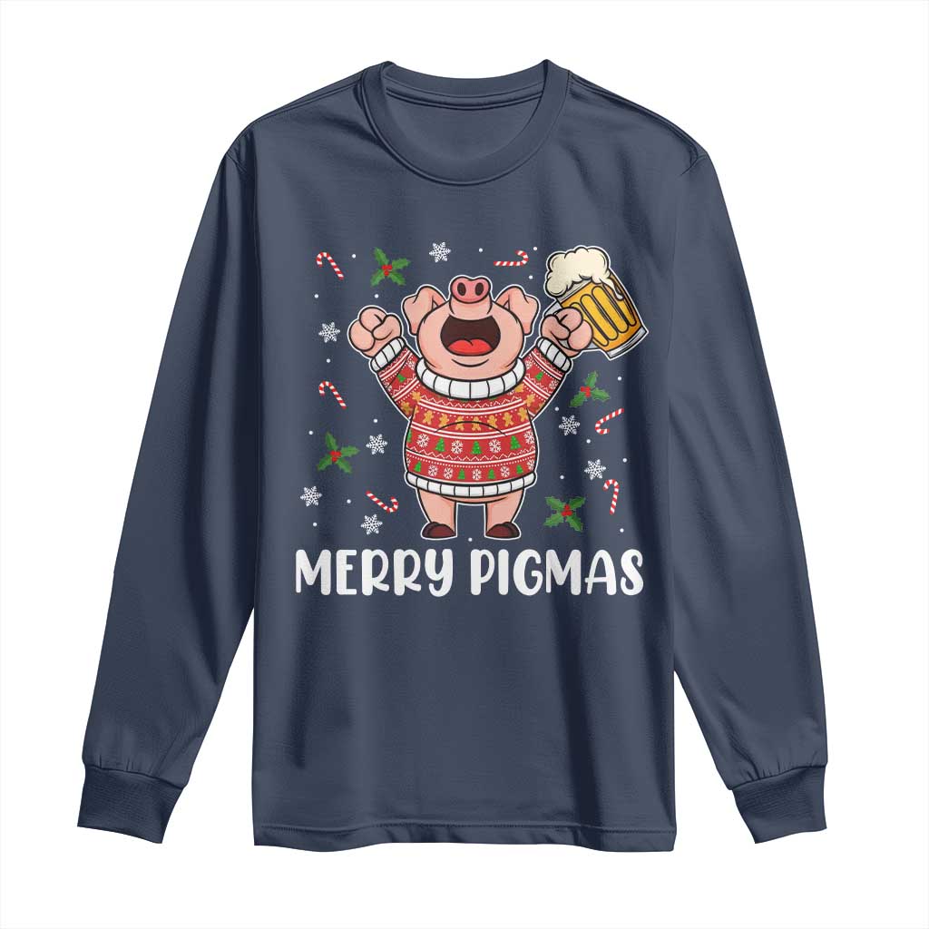 Christmas Pig Drinking Beer Long Sleeve Shirt Funny Merry Pigmas Gift - Wonder Print Shop