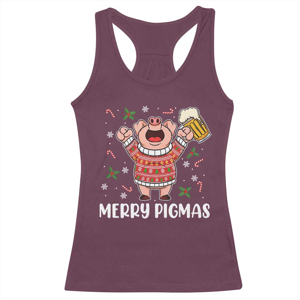 Christmas Pig Drinking Beer Racerback Tank Top Funny Merry Pigmas Gift - Wonder Print Shop