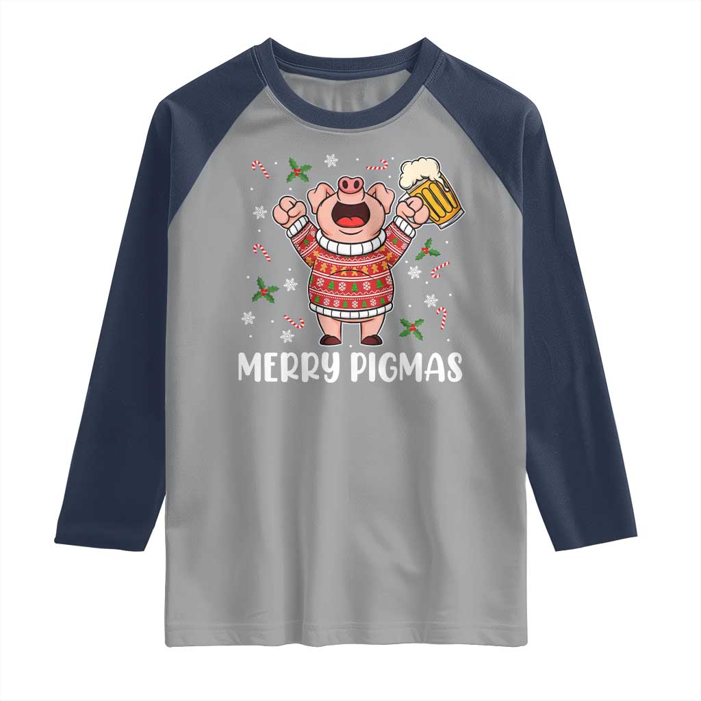 Christmas Pig Drinking Beer Raglan Shirt Funny Merry Pigmas Gift - Wonder Print Shop