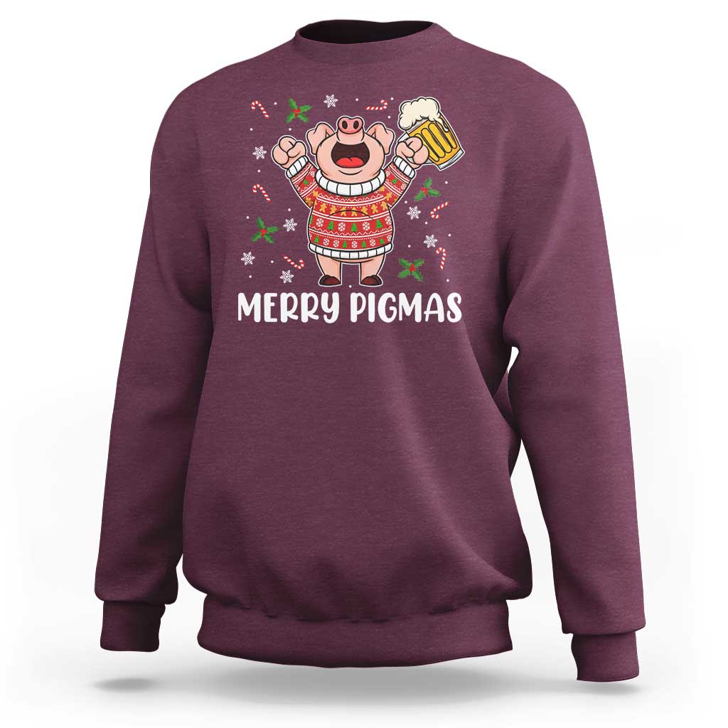 Christmas Pig Drinking Beer Sweatshirt Funny Merry Pigmas Gift - Wonder Print Shop