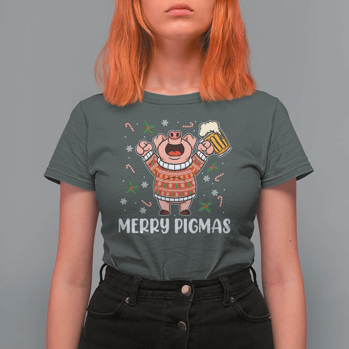 Christmas Pig Drinking Beer T Shirt For Women Funny Merry Pigmas Gift - Wonder Print Shop