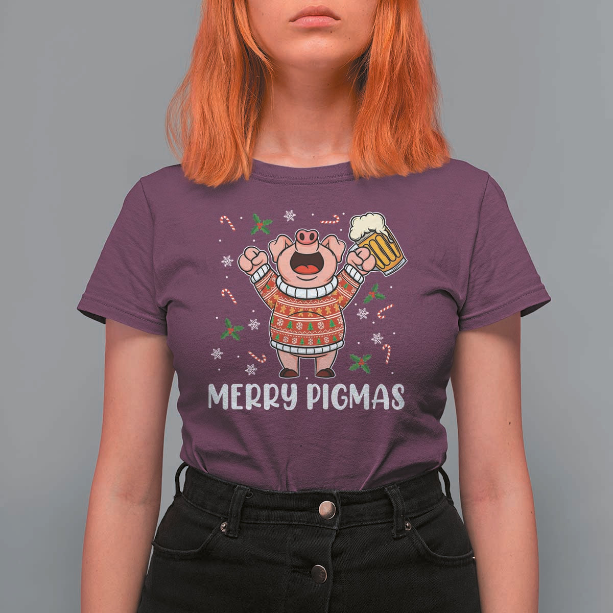 Christmas Pig Drinking Beer T Shirt For Women Funny Merry Pigmas Gift - Wonder Print Shop