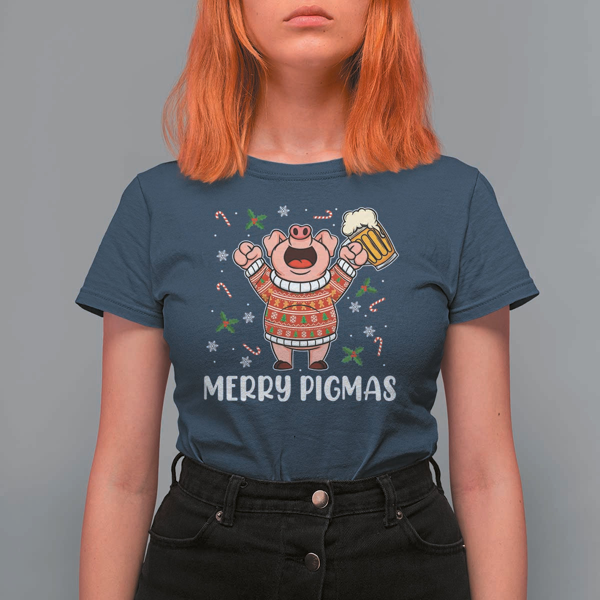Christmas Pig Drinking Beer T Shirt For Women Funny Merry Pigmas Gift - Wonder Print Shop