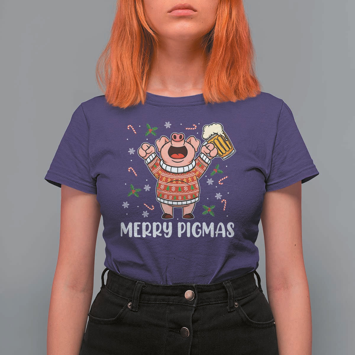 Christmas Pig Drinking Beer T Shirt For Women Funny Merry Pigmas Gift - Wonder Print Shop