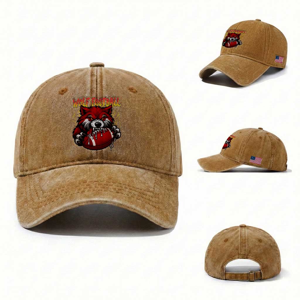 Wolf Football Lover Washed Cotton Baseball Cap American Sports Fan Gift