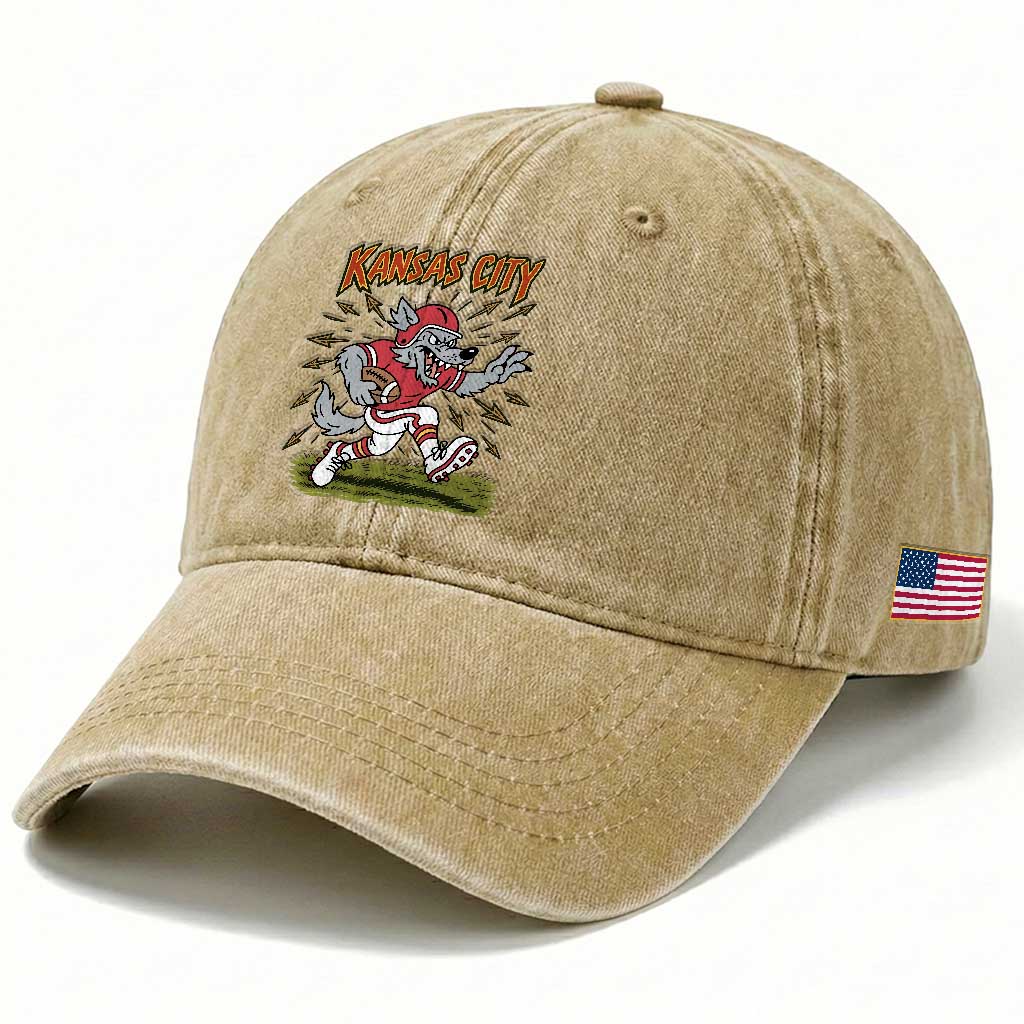 Funny Wolf Football Lover Washed Cotton Baseball Cap Sport Humor Gift