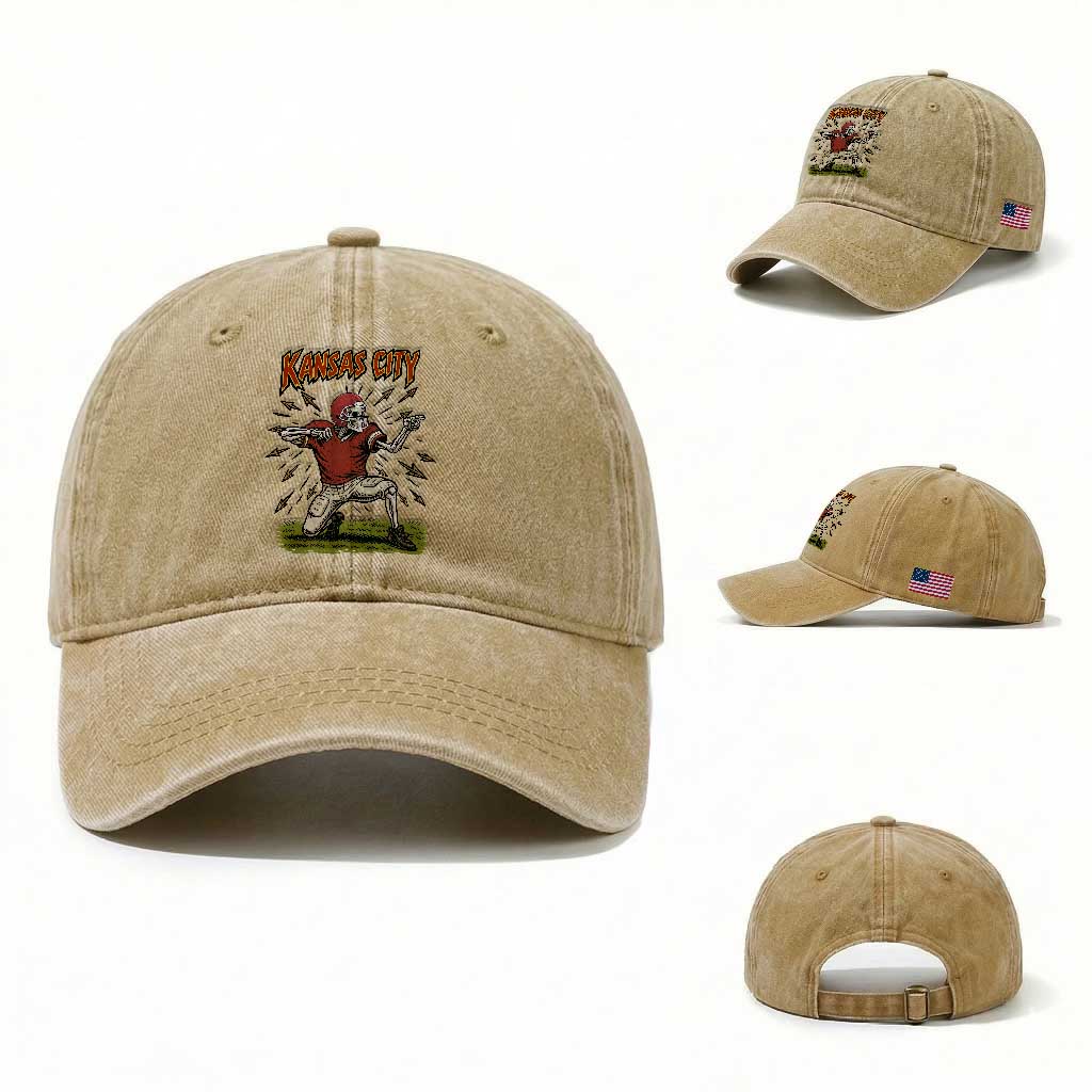 Skeleton Football Lover Washed Cotton Baseball Cap Touchdown Game Day Lifestyle