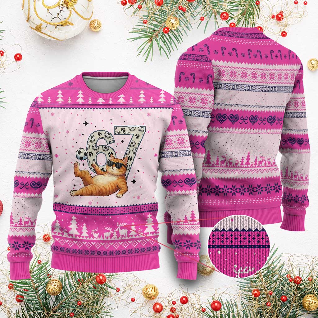 Funny Cat Playing Soccer Ugly Christmas Sweater Six Seven Meme