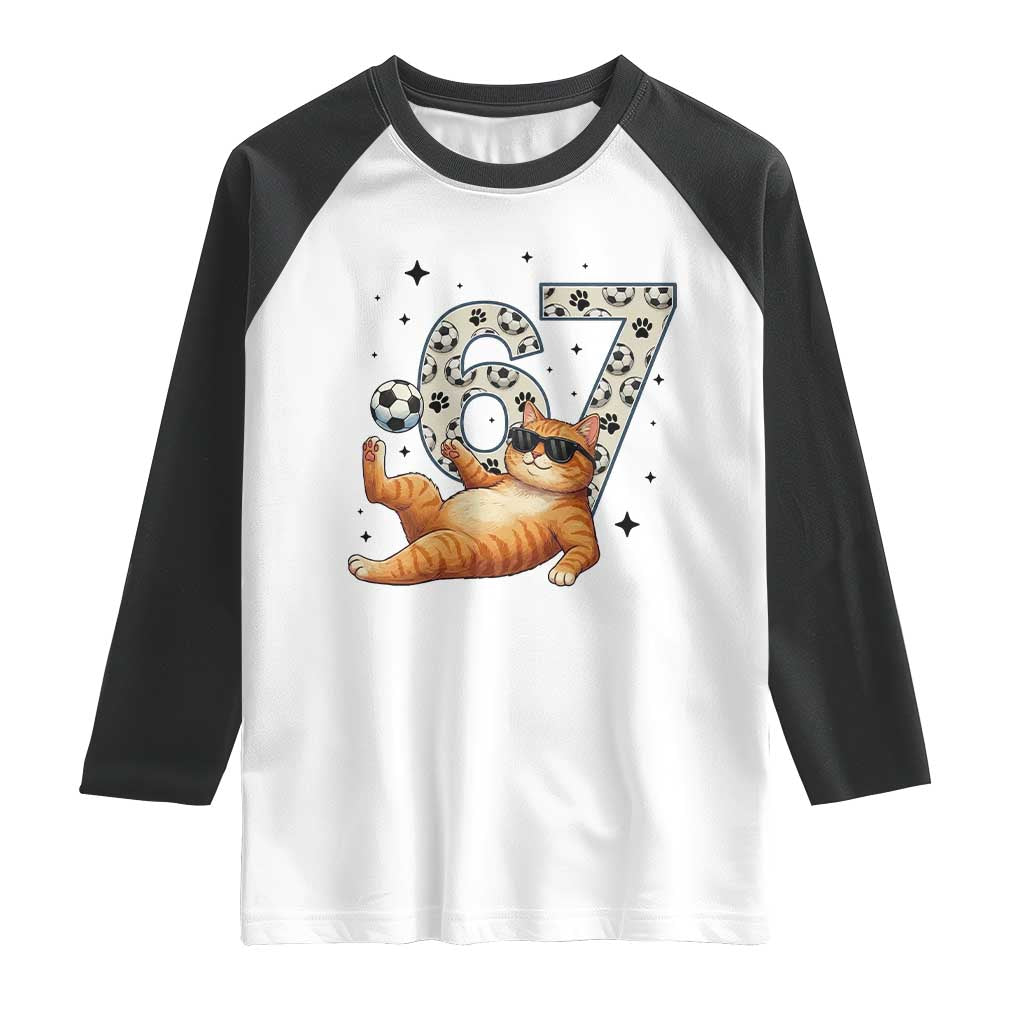 Funny Cat Playing Soccer Raglan Shirt Six Seven Meme