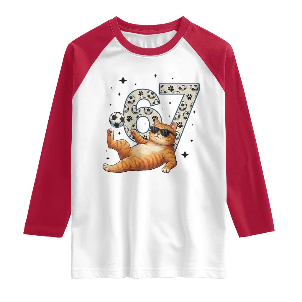 Funny Cat Playing Soccer Raglan Shirt Six Seven Meme