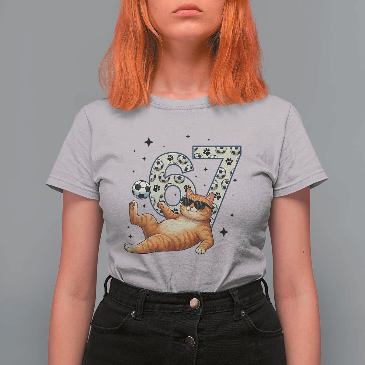 Funny Cat Playing Soccer T Shirt For Women Six Seven Meme