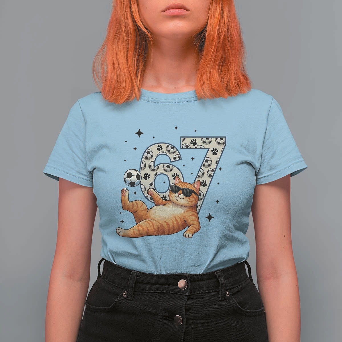 Funny Cat Playing Soccer T Shirt For Women Six Seven Meme